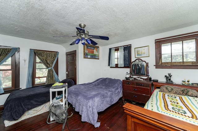 339 Cherry St E, Mazeppa, MN 55956 - bedroom featuring dark wood finished floors, multiple windows, a textured ceiling, and ceiling fan