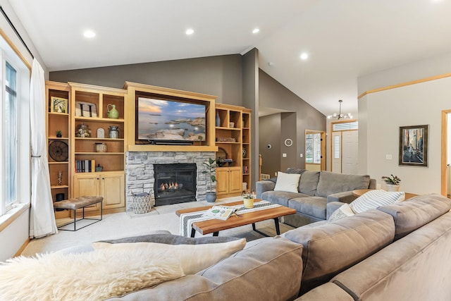 4828 Mason Ave NE, Saint Michael, MN 55376 - living area with plenty of natural light, light carpet, a fireplace, high vaulted ceiling, and recessed lighting