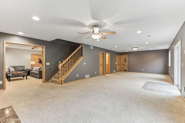 4828 Mason Ave NE, Saint Michael, MN 55376 - unfurnished living room featuring ceiling fan, stairs, carpet, recessed lighting, and baseboards