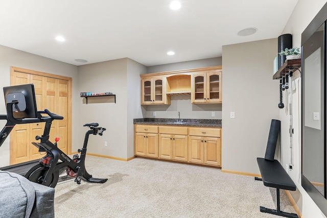 4828 Mason Ave NE, Saint Michael, MN 55376 - exercise area with light colored carpet, baseboards, recessed lighting, and bar area
