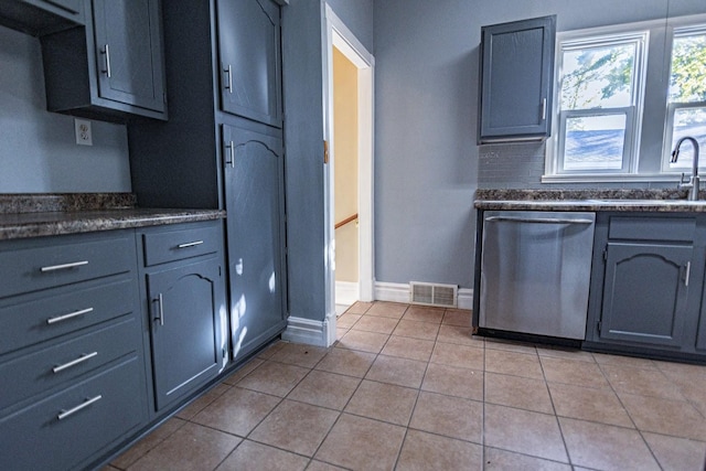 546 2nd St SE, Perham, MN 56573 - kitchen featuring dishwasher, a sink, dark countertops, and light tile patterned floors
