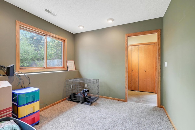 bedroom with carpet floors, a textured ceiling, and baseboards