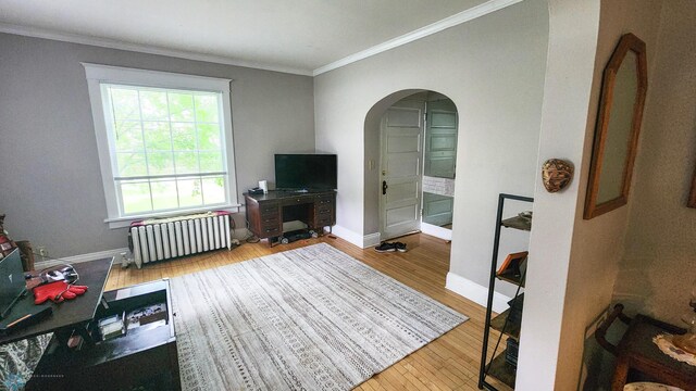 728 8th St N, Fargo, ND 58102 - living area with radiator heating unit, arched walkways, ornamental molding, wood finished floors, and baseboards