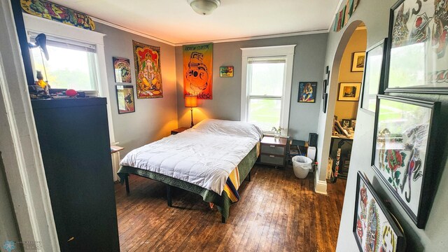 728 8th St N, Fargo, ND 58102 - bedroom featuring crown molding, hardwood / wood-style flooring, and multiple windows