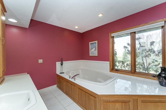 42340 County 50th Blvd, Minneola Twp, MN 55983 - full bath with a sink, a bath, recessed lighting, baseboards, and tile patterned flooring
