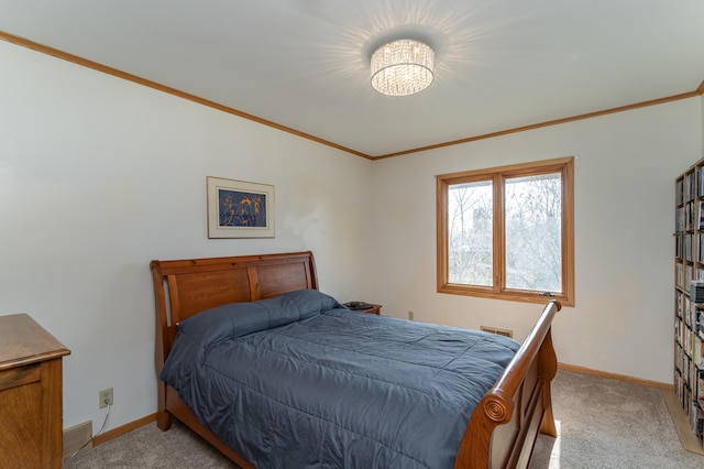 42340 County 50th Blvd, Minneola Twp, MN 55983 - bedroom with light carpet, baseboards, ornamental molding, and a chandelier