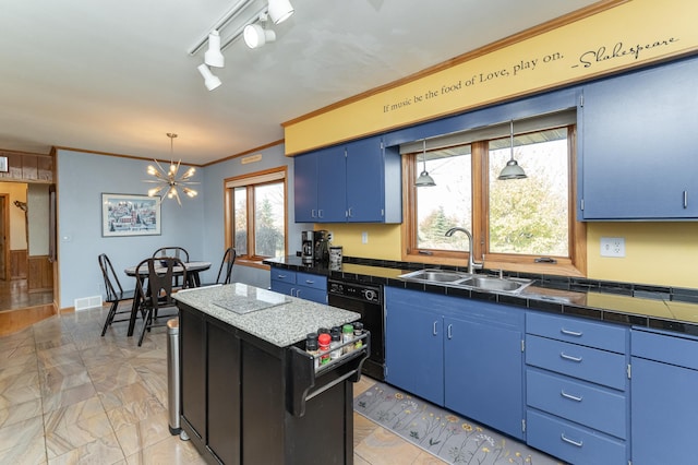 42340 County 50th Blvd, Minneola Twp, MN 55983 - kitchen with a sink, blue cabinetry, crown molding, a chandelier, and decorative light fixtures