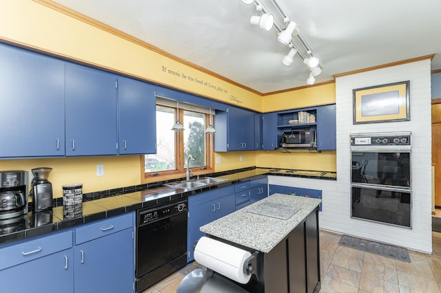 42340 County 50th Blvd, Minneola Twp, MN 55983 - kitchen featuring blue cabinets, a sink, black appliances, and crown molding