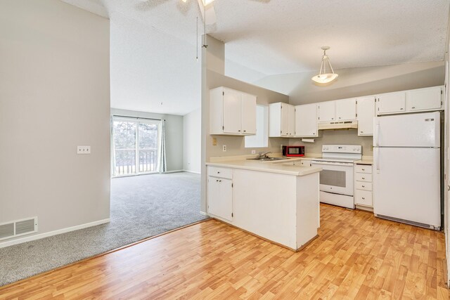 2245 Pinehurst St, Stillwater, MN 55082 - kitchen with white appliances, under cabinet range hood, a sink, lofted ceiling, and light wood finished floors