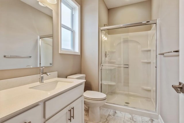 14965 105th Pl N, Maple Grove, MN 55369 - bathroom featuring marble finish flooring, a shower stall, and toilet