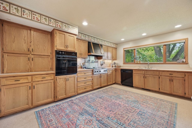 5 Hillside Ct, Northfield, MN 55057 - kitchen featuring black appliances, wall chimney exhaust hood, a sink, recessed lighting, and light countertops
