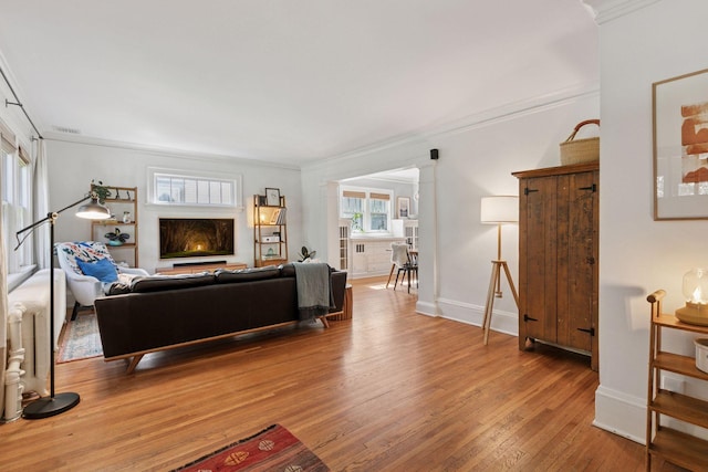 1310 Fairmount Ave, Saint Paul, MN 55105 - living room featuring ornamental molding, light wood finished floors, baseboards, and a warm lit fireplace