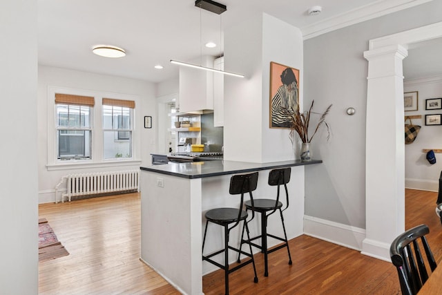 1310 Fairmount Ave, Saint Paul, MN 55105 - kitchen featuring radiator, dark countertops, a breakfast bar area, white cabinetry, and wood finished floors