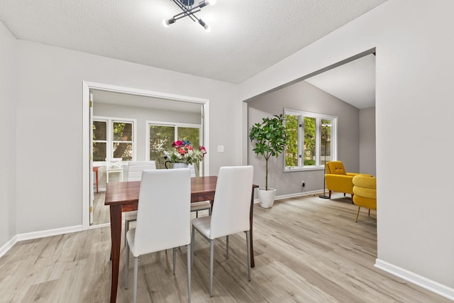 228 16th Ave SW, New Brighton, MN 55112 - dining room with light wood finished floors, baseboards, a textured ceiling, and vaulted ceiling