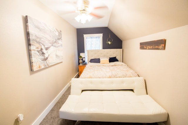 2758 220th St, Madison, MN 56256 - bedroom with carpet floors, lofted ceiling, baseboards, and ceiling fan