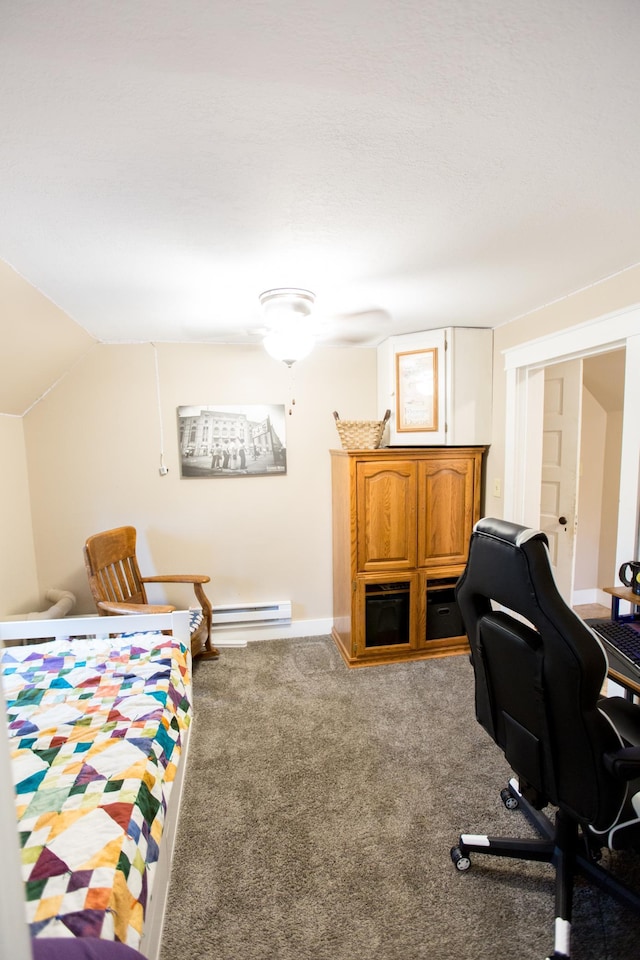2758 220th St, Madison, MN 56256 - carpeted bedroom with baseboard heating, a desk, and vaulted ceiling