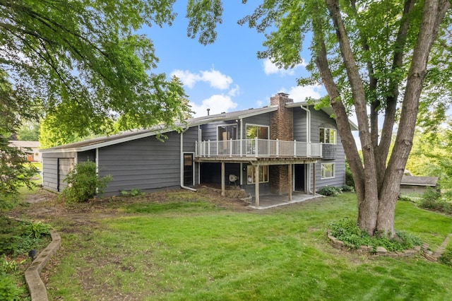 708 Brigadoon Cir, Shoreview, MN 55126 - back of house with a wooden deck, a chimney, a lawn, and a patio area