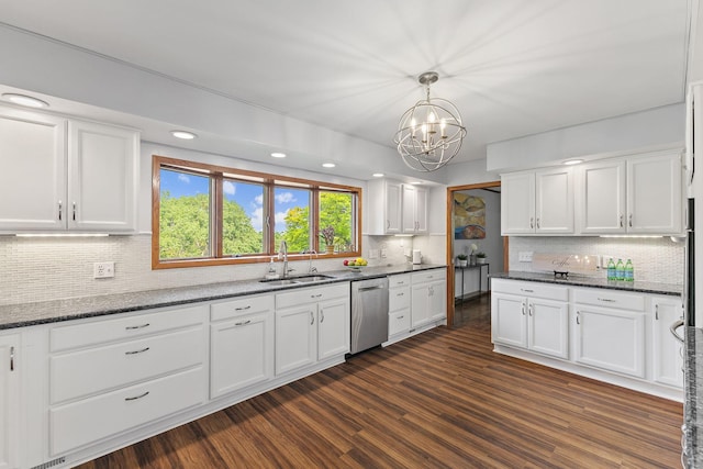 708 Brigadoon Cir, Shoreview, MN 55126 - kitchen featuring dishwasher, a sink, white cabinets, decorative backsplash, and a chandelier