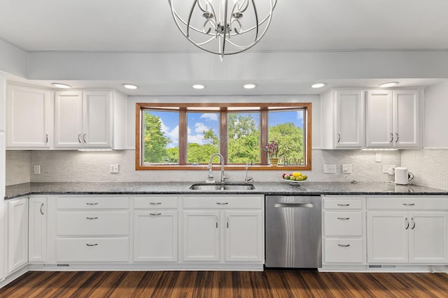 708 Brigadoon Cir, Shoreview, MN 55126 - kitchen featuring stainless steel dishwasher, a sink, a chandelier, dark wood-style flooring, and recessed lighting