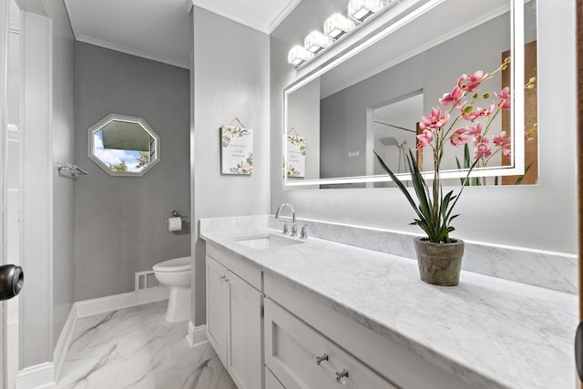708 Brigadoon Cir, Shoreview, MN 55126 - bathroom featuring vanity, toilet, marble finish floors, baseboards, and ornamental molding