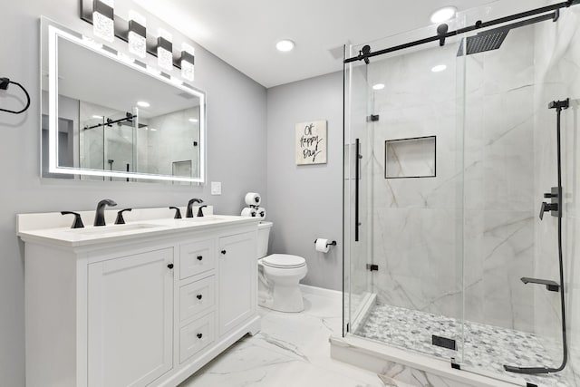 708 Brigadoon Cir, Shoreview, MN 55126 - bathroom featuring marble finish flooring, toilet, a marble finish shower, double vanity, and recessed lighting