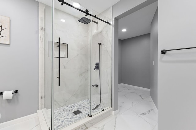 708 Brigadoon Cir, Shoreview, MN 55126 - bathroom featuring a marble finish shower, marble finish floors, baseboards, and recessed lighting