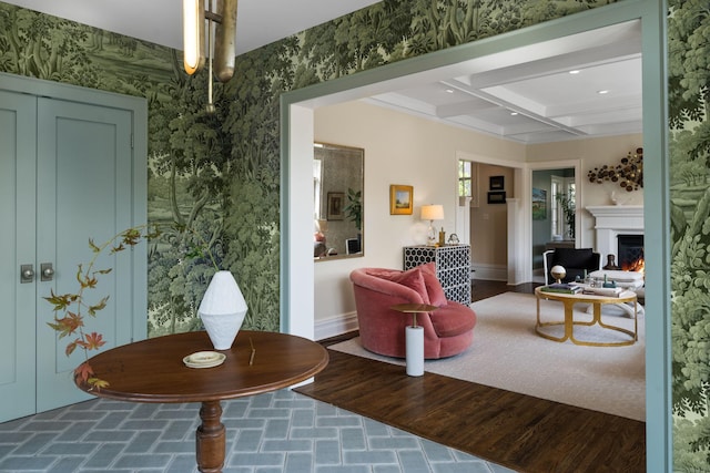 1824 Oliver Ave S, Minneapolis, MN 55405 - living room with beamed ceiling, coffered ceiling, a warm lit fireplace, baseboards, and recessed lighting