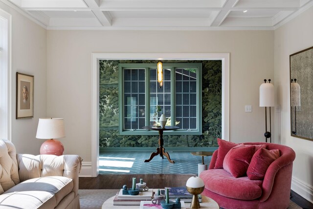 1824 Oliver Ave S, Minneapolis, MN 55405 - living area featuring coffered ceiling, beam ceiling, wood finished floors, crown molding, and baseboards