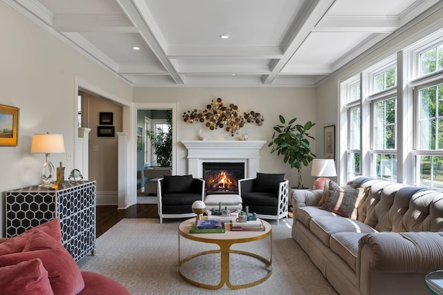 1824 Oliver Ave S, Minneapolis, MN 55405 - living area featuring wood finished floors, coffered ceiling, a glass covered fireplace, beamed ceiling, and baseboards