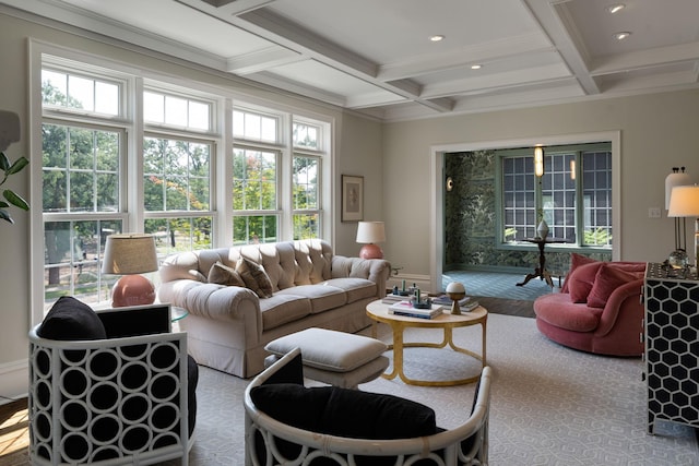1824 Oliver Ave S, Minneapolis, MN 55405 - living room featuring coffered ceiling, healthy amount of natural light, beamed ceiling, and recessed lighting