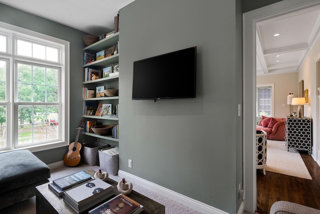1824 Oliver Ave S, Minneapolis, MN 55405 - living room featuring baseboards, beam ceiling, coffered ceiling, dark wood-style floors, and recessed lighting