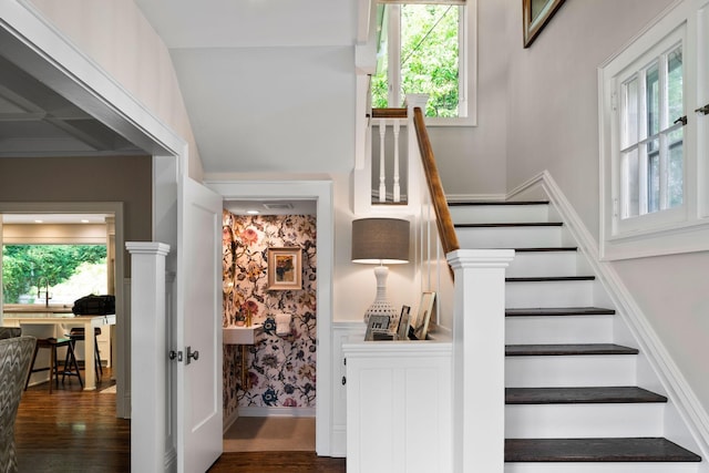 1824 Oliver Ave S, Minneapolis, MN 55405 - stairway with healthy amount of natural light, wood finished floors, and wallpapered walls