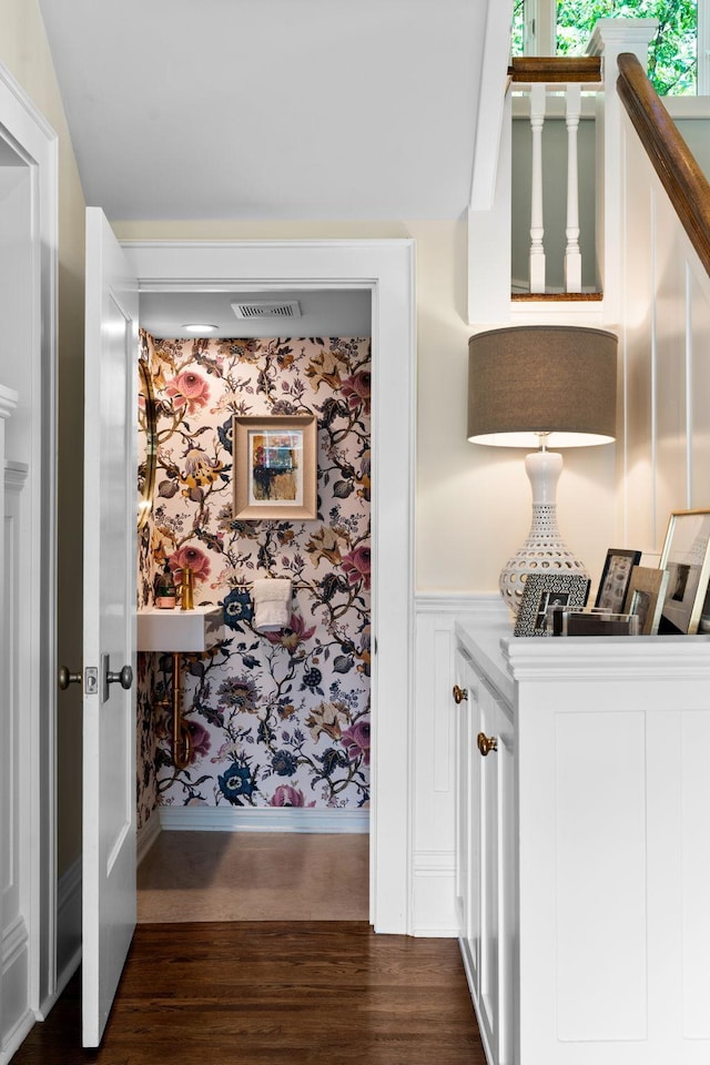 1824 Oliver Ave S, Minneapolis, MN 55405 - hallway featuring dark wood-style floors and wallpapered walls