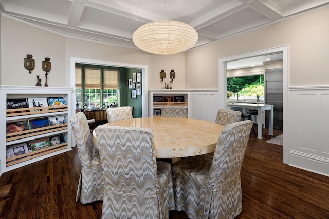 1824 Oliver Ave S, Minneapolis, MN 55405 - dining room featuring coffered ceiling, wood finished floors, a wainscoted wall, beamed ceiling, and a decorative wall