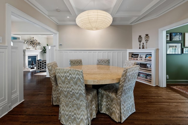 1824 Oliver Ave S, Minneapolis, MN 55405 - dining area featuring coffered ceiling, beam ceiling, dark wood-type flooring, a wainscoted wall, and a fireplace with raised hearth