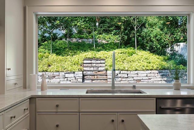 1824 Oliver Ave S, Minneapolis, MN 55405 - kitchen featuring a sink, stainless steel dishwasher, light stone countertops, and white cabinets