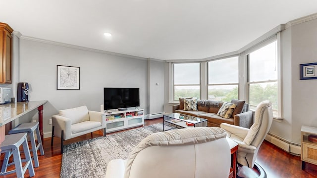 1425 28th St Unit 519, Minneapolis, MN 55408 - living area featuring dark wood finished floors, ornamental molding, baseboard heating, and baseboards