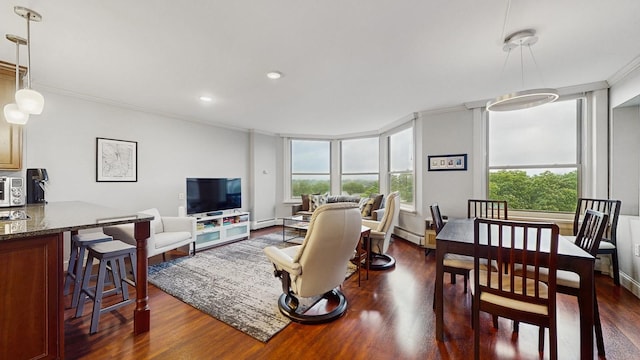 1425 28th St Unit 519, Minneapolis, MN 55408 - living area featuring dark wood-style flooring, ornamental molding, baseboard heating, and recessed lighting