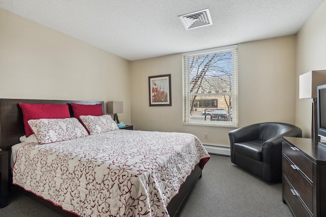 1425 28th St Unit 519, Minneapolis, MN 55408 - bedroom featuring baseboard heating, carpet, and a textured ceiling