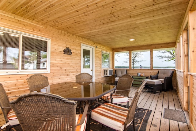 692 Round Lake Ln, Georgetown Twp, WI 54853 - sunroom featuring wood walls, wood-type flooring, wood ceiling, cooling unit, and recessed lighting