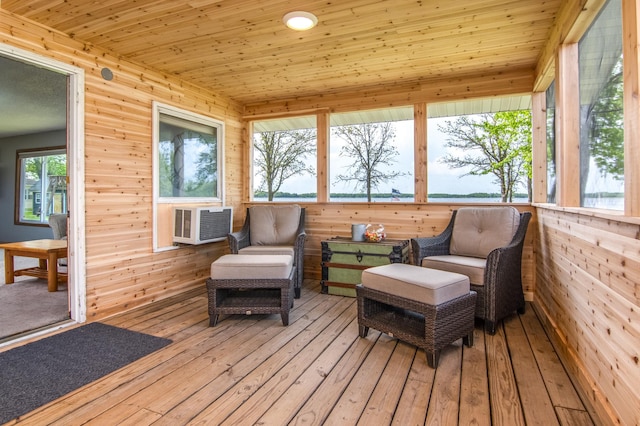 692 Round Lake Ln, Georgetown Twp, WI 54853 - sunroom with wood-type flooring, wood walls, wood ceiling, and a deck with water view