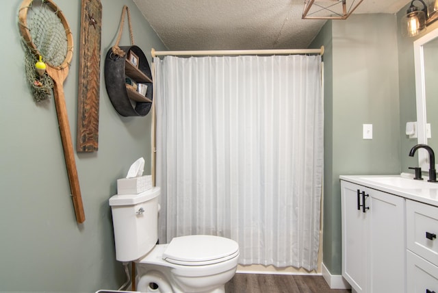 692 Round Lake Ln, Georgetown Twp, WI 54853 - bathroom featuring wood finished floors, toilet, vanity, a shower with shower curtain, and a textured ceiling