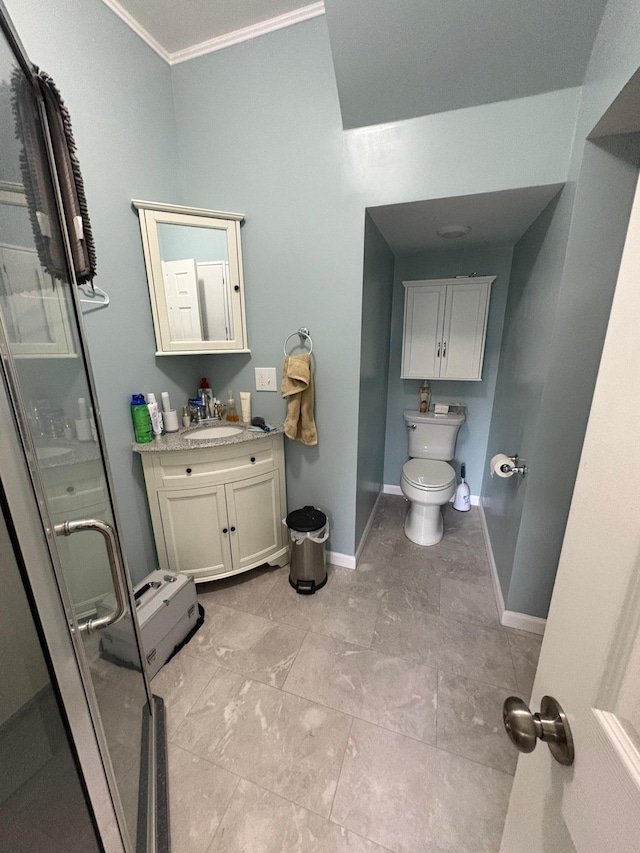 809 14th St S, Benson, MN 56215 - bathroom featuring baseboards, toilet, a shower stall, vanity, and ornamental molding