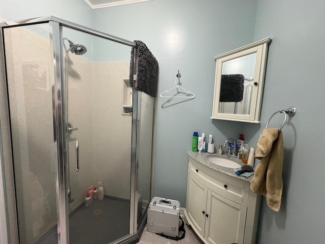 809 14th St S, Benson, MN 56215 - full bath featuring vanity, a stall shower, and ornamental molding