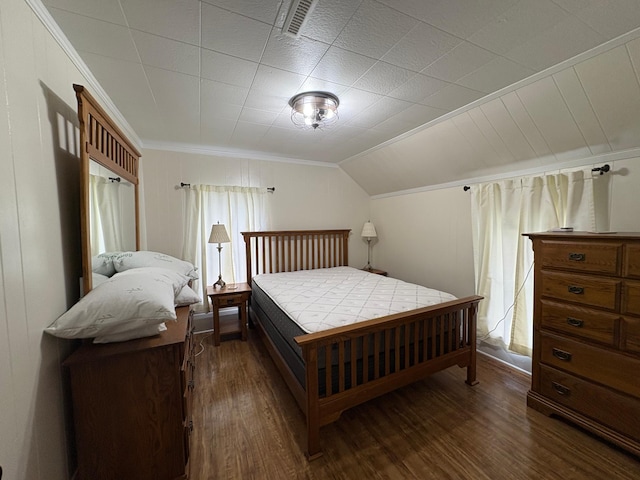 809 14th St S, Benson, MN 56215 - bedroom featuring dark wood-style floors, ornamental molding, and lofted ceiling
