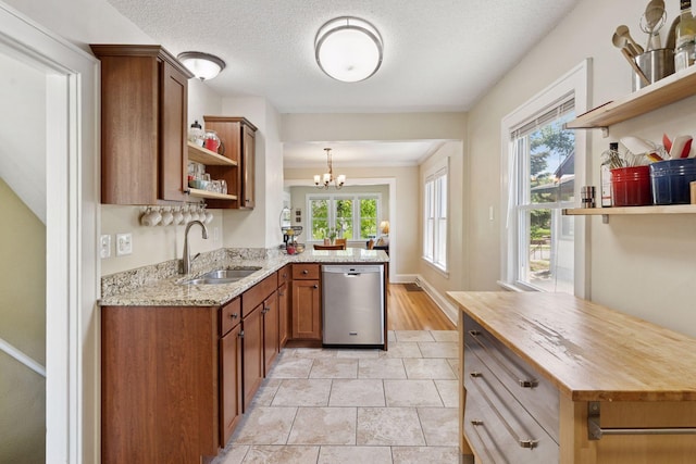 4034 Nokomis Ave, Minneapolis, MN 55406 - kitchen with open shelves, stainless steel dishwasher, a sink, a peninsula, and a chandelier