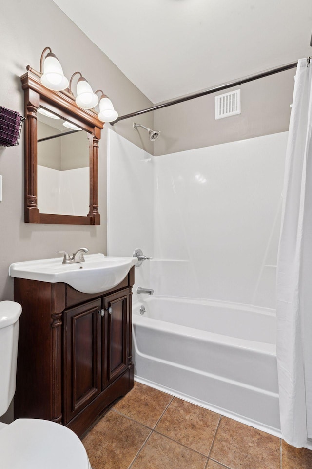 4034 Nokomis Ave, Minneapolis, MN 55406 - full bathroom with toilet, shower / tub combo with curtain, vanity, and tile patterned flooring
