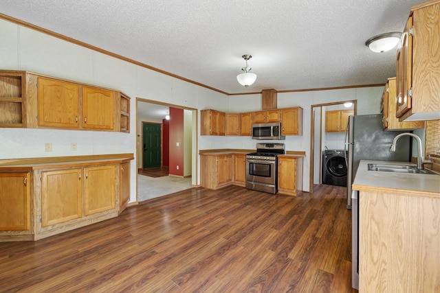 58885 County Road 136, Menahga, MN 56464 - kitchen featuring stainless steel appliances, washer / clothes dryer, crown molding, open shelves, and a textured ceiling