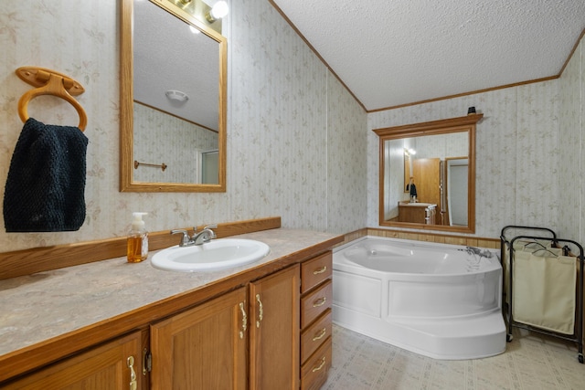 58885 County Road 136, Menahga, MN 56464 - bathroom with wallpapered walls, a textured ceiling, a garden tub, vanity, and crown molding