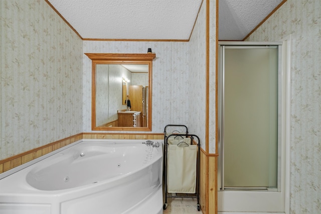 58885 County Road 136, Menahga, MN 56464 - full bathroom with wallpapered walls, a textured ceiling, a shower stall, a whirlpool tub, and crown molding